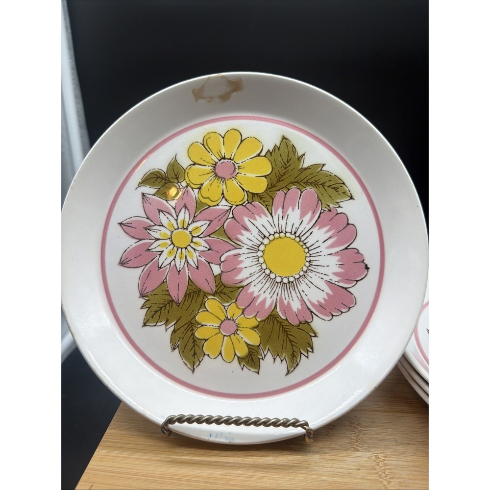 4 VTG MIKASA Duplex Eden 2522 by Ben Seibel Pink Yellow Floral Salad Plates 7.5"